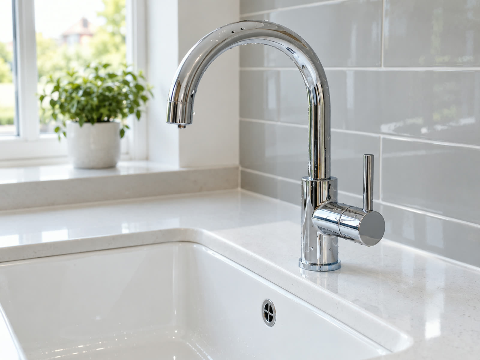 Chrome kitchen tap over a white sink